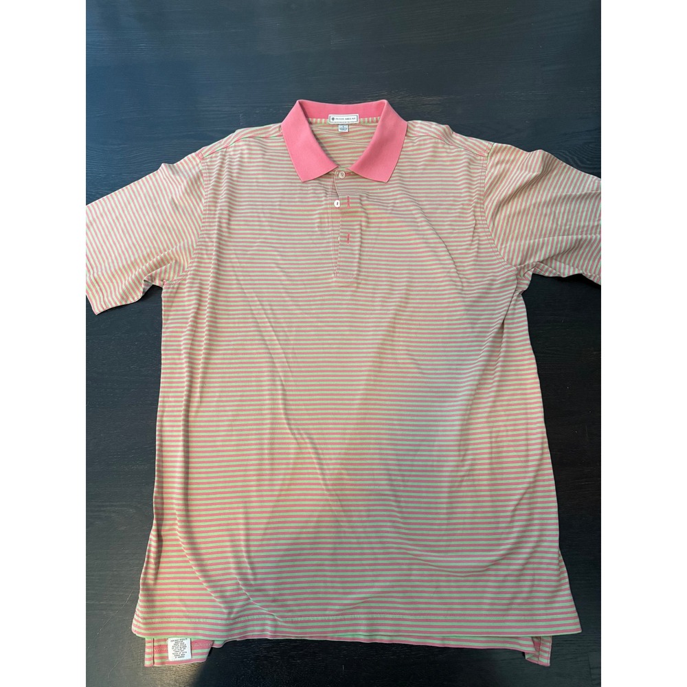 Peter Millar Mens Large Polo Shirt Green Pink Striped Cotton Short Sleeve Golf